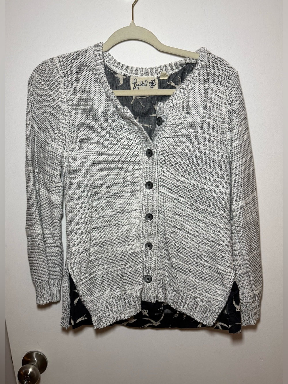 Anthropologie Field Flower Gray White Striped Knit Button Front Cardigan Size L